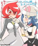  2girls bangs black_dress blue_hair blush breasts dawn_(pokemon) dress eromame hair_ornament hairclip hat mars_(pokemon) multiple_girls open_mouth pokemon pokemon_(game) pokemon_dppt red_eyes red_hair red_scarf scarf sleeveless sleeveless_dress twitter_username wavy_mouth white_headwear 