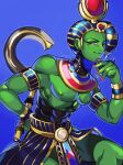  1boy blue_background character_request colored_skin cowboy_shot egyptian green_skin highres male_focus nipples pectorals shin_megami_tensei shin_megami_tensei_v solo yagi_(kyuhyun) 