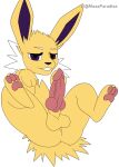  2021 absurd_res balls canid canine canis digital_media_(artwork) eeveelution erection feral fur genitals hi_res jolteon looking_at_viewer male mammal musaparadise nintendo nude pawpads paws penis pok&eacute;mon pok&eacute;mon_(species) presenting presenting_balls presenting_penis simple_background solo video_games yellow_body yellow_fur 
