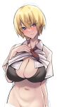  1girl black_bra blonde_hair blush bottomless bra breasts brll cleavage closed_mouth clothes_lift embarrassed head_tilt highres large_breasts looking_at_viewer navel necktie one-hour_drawing_challenge original purple_eyes red_necktie school_uniform shirt shirt_lift short_hair simple_background solo underwear white_background white_shirt 