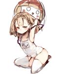  1girl armpits arms_up ball bangs beachball blonde_hair blush braid briar_rose_(sinoalice) closed_mouth full_body holding looking_at_viewer medium_hair simple_background sinoalice sitting sketch solo sukima_(crie) swimsuit thighhighs thorns white_background white_legwear white_swimsuit yellow_eyes 