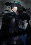  1boy absurdres black_hair blue_eyes blue_nails bug cape centipede character_request claws closed_mouth crown fate/grand_order fate_(series) fingernails fur-trimmed_cape fur_trim hand_up highres kdm_(ke_dama) looking_at_viewer male_focus moth solo two-sided_cape two-sided_fabric 