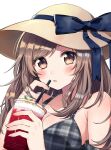  1girl beeftanizoko bikini blush bow breasts brown_eyes brown_hair cleavage cup drink drinking_straw eyebrows_visible_through_hair hat holding holding_cup idolmaster idolmaster_shiny_colors large_breasts long_hair simple_background solo straw_hat swimsuit tsukioka_kogane upper_body white_background 
