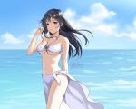  1girl arm_behind_back artist_name bikini blue_sky breasts closed_mouth cloud collarbone commentary_request dated day english_commentary halter_top halterneck hand_up horizon lilia_creative long_hair looking_at_viewer medium_breasts mixed-language_commentary navel ocean ore_wo_suki_nano_wa_omae_dake_ka_yo outdoors sanshokuin_sumireko sarong sky smile solo standing stomach swimsuit underboob water white_bikini wind 