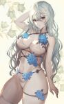 1girl arm_up bare_arms bare_shoulders bikini black_eyes blue_flower breasts cleavage covered_nipples cowboy_shot criss-cross_halter flower grey_hair halterneck highleg highleg_bikini highres large_breasts long_hair looking_at_viewer matsumoto_mitsuaki navel original parted_lips rose solo stomach string_bikini swimsuit thigh_strap thighhighs thighs very_long_hair white_bikini white_legwear 