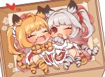  2girls :3 animal_ears animal_hands blonde_hair blush chibi erune fang gloves granblue_fantasy k0bo43 licking_paw medium_hair multiple_girls open_mouth paw_gloves silver_hair smile tail tiger_ears tiger_girl tiger_tail twintails 