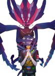  1boy alternate_costume bangs blurry brown_hair closed_mouth commentary_request eternatus eternatus_(normal) halo hands_up highres interlocked_fingers looking_at_viewer male_focus own_hands_together pokemon pokemon_(creature) pokemon_(game) pokemon_swsh purple_eyes shiny shiny_hair shirt short_hair short_sleeves smile umekobushi victor_(pokemon) white_background 