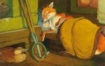  1955 20th_century ambiguous_gender ancient_furry_art avian bird brown_body brown_feathers canid canine chest_tuft clothing coat duo feathers feral fox fur handpaw inside mammal orange_body orange_fur paws pyotr_repkin red_fox semi-anthro sleeping topwear traditional_media_(artwork) tuft white_body white_fur 