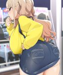  1girl ass blonde_hair breasts denim denim_skirt from_behind highres huge_breasts long_hair magazine_rack manabebebe original shirt short_twintails shortstack skirt skirt_rolled_up sleeves_past_wrists solo suspenders twintails yellow_shirt 