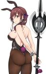  1girl animal_ears ass back black_legwear breasts brown_eyes brown_hair cross cross_necklace fake_animal_ears halberd holding holding_weapon jewelry long_hair looking_at_viewer melty_blood mole mole_under_mouth necklace noel_(tsukihime) pantyhose playboy_bunny polearm rabbit_ears simple_background smile solo tsukihime weapon white_background wrist_cuffs yuzuruka_(bougainvillea) 