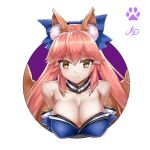  1girl animal_ear_fluff animal_ears artist_request bare_shoulders blue_kimono blue_ribbon blush breasts cleavage detached_sleeves eyebrows_visible_through_hair fang fate/extella fate/extra fate/extra_ccc fate/grand_order fate_(series) fox fox_ears fox_girl fox_tail hair_ribbon japanese_clothes kimono large_breasts looking_at_viewer multiple_tails pink_hair ribbon solo tail tamamo_(fate) tamamo_no_mae_(fate/extra) yellow_eyes 