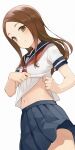  1girl blue_skirt brown_eyes brown_hair closed_mouth commentary eyebrows_visible_through_hair forehead highres hiroki_(yyqw7151) karakai_jouzu_no_takagi-san long_hair looking_at_viewer navel pleated_skirt sailor_collar school_uniform serafuku simple_background skirt smile solo takagi-san white_background 