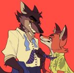 anthro bow_tie brown_body brown_fur canid canine canis clothing disney duo eye_contact fox fur green_clothing green_eyes green_shirt green_topwear hi_res looking_at_another male male/male mammal mr._wolf_(the_bad_guys) necktie necktie_grab nick_wilde orange_body orange_fur shirt smile southpauz topwear white_clothing white_shirt white_topwear wolf yellow_sclera zootopia 