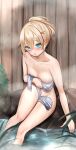  1girl bangs blonde_hair blue_eyes blush breasts collarbone covering covering_breasts embarrassed eyebrows_visible_through_hair fence hair_between_eyes highres holding holding_towel hololive kazama_iroha looking_at_viewer nose_blush nude onsen parted_lips ponytail rock rryiup sitting small_breasts soaking_feet solo steam stream towel virtual_youtuber water wet wooden_fence 