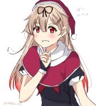  168admiral_(sunflower) 1girl black_ribbon blonde_hair capelet hair_flaps hair_ornament hair_ribbon hairclip hat highres index_finger_raised kantai_collection long_hair one-hour_drawing_challenge red_capelet red_eyes remodel_(kantai_collection) ribbon santa_hat simple_background solo upper_body white_background yuudachi_(kancolle) 