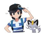  1boy alolan_meowth baseball_cap black_hair black_headwear blue_shirt bright_pupils closed_mouth collarbone elio_(pokemon) grey_eyes hat jiugong_chi male_focus medium_hair motion_lines pokemon pokemon_(creature) pokemon_(game) pokemon_sm shirt short_sleeves smile strap striped striped_shirt symbol-only_commentary t-shirt twitter_username white_background white_pupils 