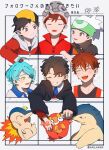  6+boys :d ahoge aqua_hair bangs border brendan_(pokemon) brown_hair buttons character_request closed_eyes commentary_request copyright_request crossover cyndaquil darumaka ethan_(pokemon) eyebrows_visible_through_hair green_eyes grin highres multiple_boys open_mouth pokemon pokemon_(creature) pokemon_(game) pokemon_emerald pokemon_gsc pokemon_rse pokemon_swsh robe short_hair smile teeth tongue translation_request umekobushi upper_teeth victor_(pokemon) white_border 