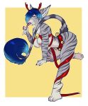  2018 5_fingers anthro bell bell_harness biped blue_hair candy candy_cane chest_tuft christmas dessert fake_antlers felid female fingers food fur hair harness hi_res holidays jinge_bell jingle_bell jingle_bell_harness lavenderpandy leaning leaning_forward licking_candy machairodontine mammal on_one_leg pose red_eyes serenity_turunen solo standing striped_body striped_fur stripes tail_tuft tuft 