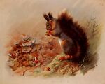  1919 20th_century ambiguous_gender ancient_furry_art archibald_thorburn belly big_tail brown_body brown_fur dated detailed_background eating english_text eurasian_red_squirrel fallen_leaves feral fluffy fluffy_tail food fungus fur grey_body grey_fur hi_res holding_food holding_object leaf mammal multicolored_body multicolored_fur mushroom nude outside public_domain rodent sciurid signature sitting solo text traditional_media_(artwork) tree_squirrel white_belly 
