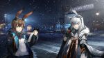  2girls amiya_(arknights) animal_ear_fluff animal_ears arknights brown_hair english_text frostnova_(arknights) highres holding_hands id_card jewelry looking_at_viewer multiple_girls multiple_rings rabbit_ears rabbit_girl ring scar scar_on_face scar_on_nose snow snowing thumb_ring white_hair yuuki_mix 