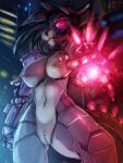  anthro armor black_hair black_nose breasts canid cybernetics cyborg female general-irrelevant genitals glowing glowing_eyes grey_body hair headgear helmet hi_res machine mammal metal navel nipples pussy red_eyes solo 