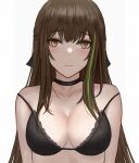  1girl bangs black_bra black_choker blush bra breasts brown_eyes brown_hair choker cleavage closed_mouth eyebrows_visible_through_hair girls&#039;_frontline green_hair highres large_breasts long_hair looking_at_viewer m4a1_(girls&#039;_frontline) multicolored_hair selcky simple_background solo streaked_hair underwear upper_body white_background 