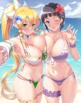  2girls :d arm_around_shoulder arm_around_waist asymmetrical_docking bikini black_hair blonde_hair blue_eyes blue_flower blue_sky blush braid breast_press breasts cleavage cloud collarbone commentary_request dual_persona duplicate flower front-tie_bikini front-tie_top green_bikini green_eyes green_nails hair_between_eyes hair_flower hair_ornament halter_top halterneck hand_on_hip highres huge_breasts kawase_seiki kirigaya_suguha leafa leglet long_hair looking_at_viewer multiple_girls nail_polish navel one_eye_closed open_mouth outdoors outstretched_arm pixel-perfect_duplicate pointy_ears ponytail purple_bikini purple_scrunchie red_flower red_nails scrunchie side-tie_bikini sky smile standing stomach sweat swimsuit sword_art_online thigh_scrunchie thigh_strap twin_braids very_long_hair water white_flower 