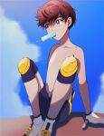  1boy bangs brown_eyes brown_hair cloud collarbone commentary_request day dripping food gloves highres knee_guards male_focus master_dojo_uniform mouth_hold outdoors partially_fingerless_gloves pokemon pokemon_(game) pokemon_swsh popsicle shoes short_hair shorts side_slit side_slit_shorts sitting sky socks solo topless_male umekobushi victor_(pokemon) white_footwear white_gloves white_legwear 