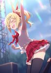  1girl :d ^_^ arm_up armpits black_legwear blonde_hair blurry blurry_background blush bow bowtie character_request closed_eyes fang hair_bow hair_ornament hairclip highres layered_skirt long_hair midriff mikazuchi_zeus miniskirt outdoors pleated_skirt red_bow red_bowtie red_skirt shirt side_ponytail skirt sleeveless sleeveless_shirt smile solo stage stomach thighhighs two-tone_skirt white_shirt white_skirt x_hair_ornament zettai_ryouiki 