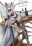  1girl absurdly_long_hair absurdres aegir_(azur_lane) alcohol alternate_costume arm_under_breasts artist_name ass azur_lane ballot bare_shoulders beer black_gloves black_legwear blue_dress blue_flower blush bottle breasts china_dress chinese_clothes criss-cross_halter cross demon_horns detached_collar dress floral_print flower full_body gloves gold_footwear golden_miocola hair_between_eyes half_gloves halterneck high_heels highres horns iron_cross lace-trimmed_legwear lace_trim large_breasts leaning_forward leg_up long_hair manjuu_(azur_lane) mole mole_under_eye pelvic_curtain red_hair shoes solo standing standing_on_one_leg stiletto_heels thighhighs very_long_hair vodka whiskey white_background white_hair yellow_eyes 