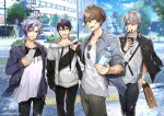  4boys black_jacket black_pants black_shirt blue_eyes brown_hair cellphone cup drinking_straw fanny_pack fuwa_minato glasses green_eyes green_pants grey_hoodie grey_jacket hair_behind_ear highres holding holding_cup holding_phone hood hoodie jacket jacket_on_shoulders kagami_hayato kaida_haru kenmochi_touya looking_to_the_side male_focus multicolored_hair multiple_boys nijisanji official_art open_mouth pants phone pink_hair purple_hair shirt silver_hair smartphone smile streaked_hair tcb two-tone_shirt virtual_youtuber walking white_shirt 