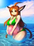  animal_humanoid big_breasts bikini bikini_bottom bikini_top breasts clothing cloud felid felid_humanoid female general-irrelevant hair hi_res humanoid long_hair looking_at_viewer mammal mammal_humanoid navel outside smile solo sun swimwear water watermelon_bikini wet 