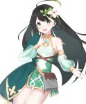  1girl :d ass_visible_through_thighs bangs bare_shoulders black_hair blush breasts commentary_request copyright_request cosplay detached_sleeves dress eyebrows_visible_through_hair flower green_dress green_eyes green_hair green_sleeves hair_flower hair_ornament han_(hehuihuihui) hand_up highres index_finger_raised kokkoro_(princess_connect!) kokkoro_(princess_connect!)_(cosplay) long_hair long_sleeves multicolored_hair princess_connect! puffy_long_sleeves puffy_sleeves see-through see-through_silhouette simple_background sleeveless sleeveless_dress small_breasts smile solo streaked_hair thigh_gap very_long_hair white_background white_flower 
