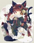  1girl adapted_costume animal_ear_fluff animal_ears bangs bell black_bow black_legwear blunt_bangs bow braid cat_ears cat_tail commentary_request doily dress fang fang_out full_body fur-trimmed_dress fur_trim gift green_bow green_dress hair_bell hair_ornament hand_up highres kaenbyou_rin long_hair long_sleeves looking_at_viewer multiple_tails neck_bell neck_ribbon nikorashi-ka one-hour_drawing_challenge one_eye_closed one_knee pantyhose paw_pose polka_dot polka_dot_background red_bow red_eyes red_hair red_ribbon ribbon sack skull smile solo striped striped_bow tail touhou twin_braids twintails two_tails 