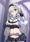  1girl animal_ears arknights aurora_(arknights) bangs bear_ears belt belt_pouch black_gloves black_hairband blue_eyes blush breasts cleavage closed_mouth cowboy_shot crop_top eyebrows_visible_through_hair eyes_visible_through_hair garter_belt gloves hair_over_one_eye hairband large_breasts long_hair long_sleeves looking_at_viewer navel pouch puffy_long_sleeves puffy_sleeves revealing_clothes shuibo silver_hair solo sports_bra stomach unzipped very_long_hair 