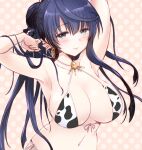  1girl animal_print armpits arms_behind_head arms_up bikini blue_eyes blush breasts close-up collarbone cow_print dotted_background earrings hair_bun highres jewelry kuwana_gou_(tenka_hyakken) large_breasts long_hair looking_at_viewer mizuki_takehito navel polka_dot polka_dot_background side-tie_bikini smile solo swimsuit tenka_hyakken untying 