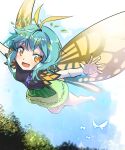  1girl antennae aqua_hair bare_legs barefoot blush butterfly_wings day dress eternity_larva eyebrows_visible_through_hair fairy flying green_dress hair_between_eyes hellnyaa leaf leaf_on_head multicolored_clothes multicolored_dress open_mouth orange_eyes short_hair single_strap smile solo touhou wings 