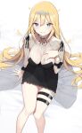  1girl absurdres arm_support black_dress blonde_hair blue_eyes breasts cloba dress eyebrows_visible_through_hair highres hololive hololive_english leg_belt legs long_hair looking_at_viewer medium_breasts sitting smile solo thighs tiara virtual_youtuber watch watson_amelia 