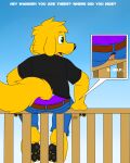  absurd_res alien alien_humanoid butt canid canine canis clothing dogget_(doggettdouglasmcdog) doggettdouglasmcdog domestic_dog duo facesitting fence hi_res humanoid male mammal purple_clothing purple_underwear text underwear wander 
