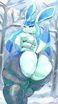  absurd_res anthro anthrofied big_butt big_ears blue_body bottomwear butt cankles clothed clothing eeveelution female fishnet fishnet_legwear glaceon hand_on_hip hi_res huge_butt kiseff legwear looking_back nintendo outside partially_clothed pok&eacute;mon pok&eacute;mon_(species) skimpy slightly_chubby solo standing thick_thighs thong topwear underwear video_games wide_hips winter 