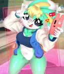  2021 absurd_res amanddica animal_crossing anthro blonde_hair bottomless breasts cellphone clothed clothing crossgender dipstick_ears emoji eyelashes featureless_crotch female fur gesture green_body green_fur hair hi_res holding_cellphone holding_object holding_phone holding_smartphone jacket lagomorph leporid looking_at_viewer mammal mtf_crossgender multicolored_ears navel nintendo open_mouth open_smile phone rabbit sasha_(animal_crossing) shirt smartphone smile solo tank_top topwear trans_(lore) trans_woman_(lore) v_sign video_games white_body white_fur 