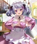  1girl alternate_costume aoi_hinamori_(vtuber) apron breasts cafe donggua_bing_cha dress enmaided facial_mark grey_hair hair_ornament heart heart-shaped_boob_challenge heart_hands highres indie_virtual_youtuber indoors large_breasts light_bulb long_hair long_sleeves looking_at_viewer maid maid_apron maid_headdress mole mole_on_breast open_mouth pink_dress purple_eyes smile solo virtual_youtuber x_hair_ornament 