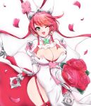  1girl breasts chemaru_(a8l) cleavage clover dress earrings elphelt_valentine flower four-leaf_clover guilty_gear guilty_gear_xrd jewelry large_breasts one_eye_closed petals pink_flower pink_hair revision rose short_hair simple_background solo white_background white_dress 
