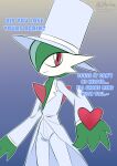  &lt;3 2dpidor 4_fingers anthro back_horn bottomwear chest_horn clothed clothing elbow_blade english_text exposed_chest fingers flirting flirting_with_viewer gallade glistening glistening_eyes gradient_background green_body green_hands hat headgear headwear hi_res holding_object horn humanoid looking_at_viewer male nintendo one_eye_visible pants pattern_clothing pok&eacute;mon pok&eacute;mon_(species) red_eyes side_view simple_background sir_gallade smile solo spikes spikes_(anatomy) striped_clothing stripes suit text top_hat video_games white_body white_bottomwear white_clothing white_hat white_headwear white_pants white_suit wrinkles_in_clothes 