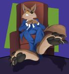  absurd_res anthro brown_body brown_fur canid canine canis chair fur furniture hi_res male mammal mr._wolf_(the_bad_guys) neoarcadianx pawpads paws smug solo solo_focus wolf 