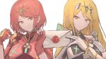  2girls 900p bangs blonde_hair breasts closed_mouth earrings fingerless_gloves gloves highres holding holding_letter jewelry letter long_hair looking_at_viewer multiple_girls mythra_(massive_melee)_(xenoblade) mythra_(xenoblade) pyra_(xenoblade) red_eyes red_gloves red_hair revision short_hair simple_background sketch smash_invitation smile super_smash_bros. tiara upper_body white_background white_gloves xenoblade_chronicles_(series) xenoblade_chronicles_2 yellow_eyes 