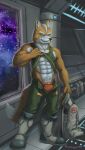  2021 abs anthro big_muscles body_hair boots bottomwear bulge canid canine clothed clothing detailed_background eyebrows footwear fox fox_mccloud fur hair happy_trail hi_res holding_clothing holding_jacket holding_object holding_topwear inside jacket looking_at_viewer male mammal muscular muscular_anthro muscular_male navel nintendo pants pecs pubes raised_clothing raised_shirt raised_tank_top raised_topwear rrougarou1 shirt signature smile solo space spacecraft standing star star_fox tank_top topwear tuft underwear unzipped vehicle video_games window 