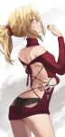  1girl ass back backless_outfit bangs black_panties braid breasts clenched_teeth fate/apocrypha fate_(series) french_braid glasses hair_ornament hair_scrunchie highres jewelry jewelry_removed long_sleeves looking_at_viewer looking_back mordred_(fate) mordred_(fate/apocrypha) necklace necklace_removed panties parted_bangs pendant red_scrunchie red_sweater ribbed_sweater scrunchie small_breasts sweater teeth thighs tonee underwear 