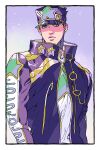  1boy black_hair green_eyes hat high_collar jojo_no_kimyou_na_bouken kujo_jotaro long_coat male_focus nitako solo star_(symbol) stone_ocean upper_body 