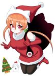  1girl alisa_southerncross animal_ears bag breasts cat_ears christmas closed_mouth dress english_commentary eron hair_bobbles hair_ornament hat highres keroro_gunsou long_hair looking_at_viewer orange_hair pantyhose red_eyes simple_background solo twintails v white_background 